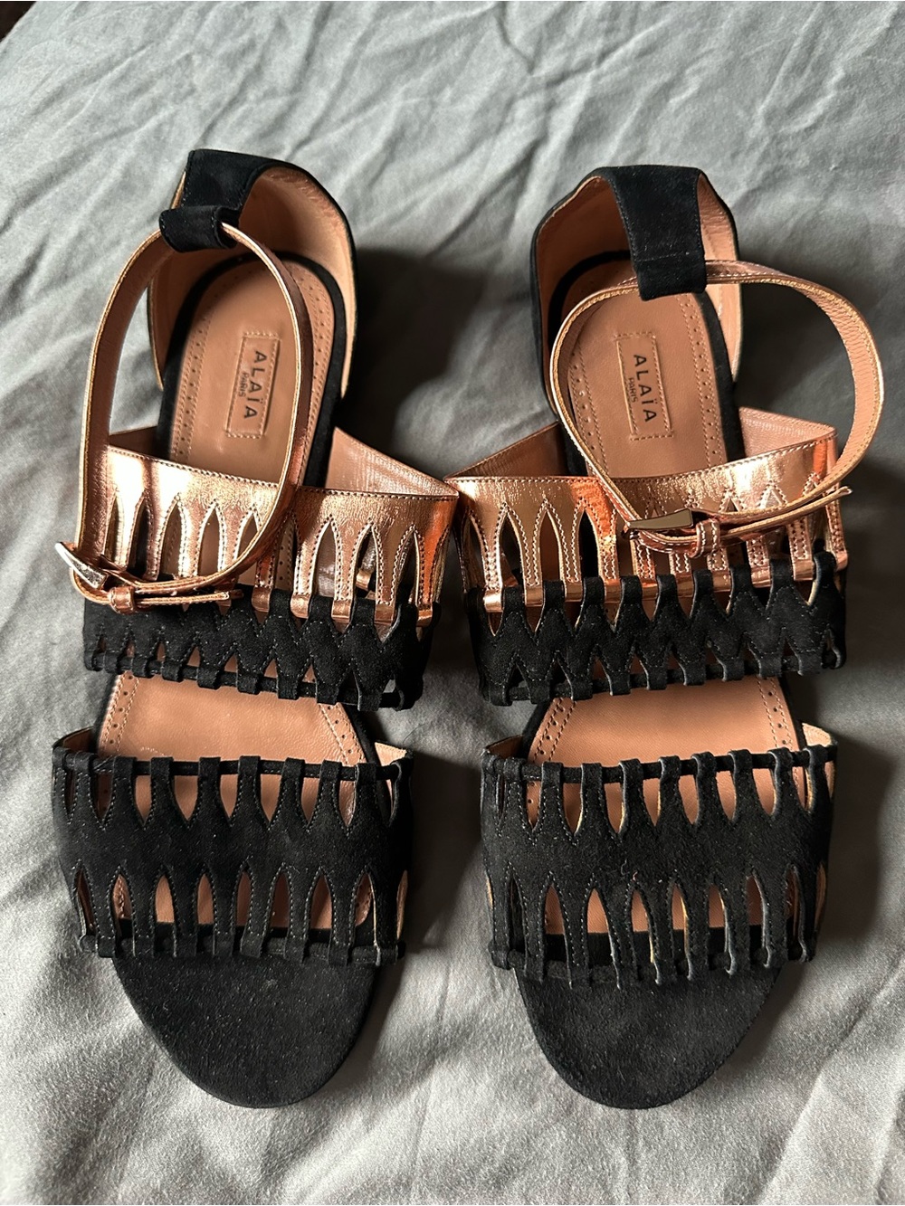 Alaia Black Suede & Rose Gold Cutout Strap Sandals